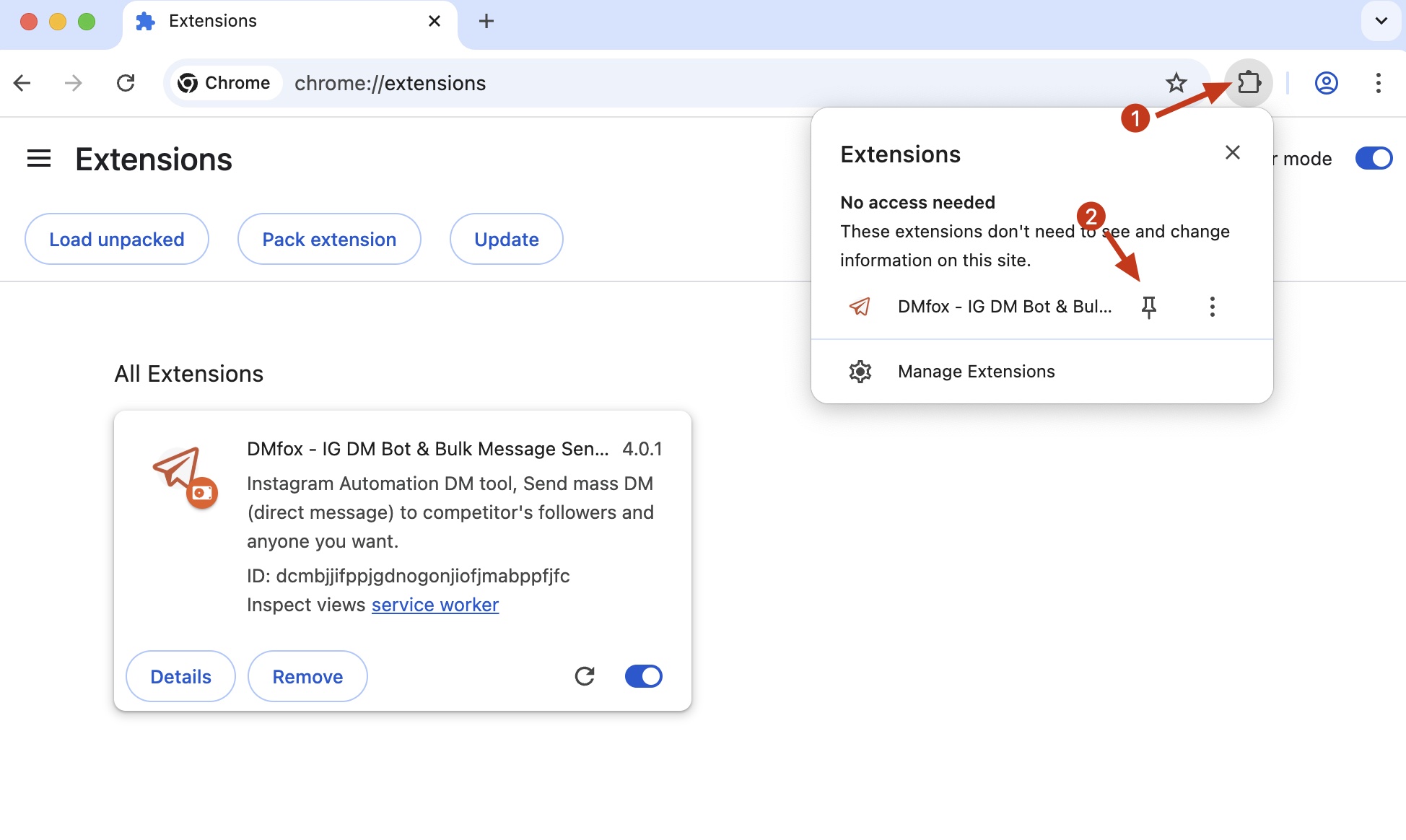 IG DM Sender chrome extension install pin